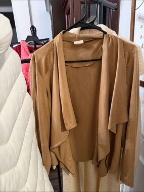 Open-Front Draped Suede-Look Jacket in Camel